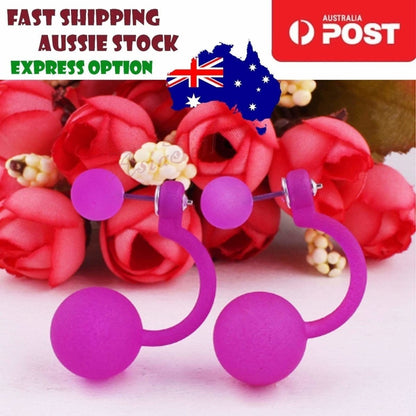 Fluorescent Colourful Bright Double Ball Earrings Double Sided Pearl Stud Bar | Asia Sell  -  Purple