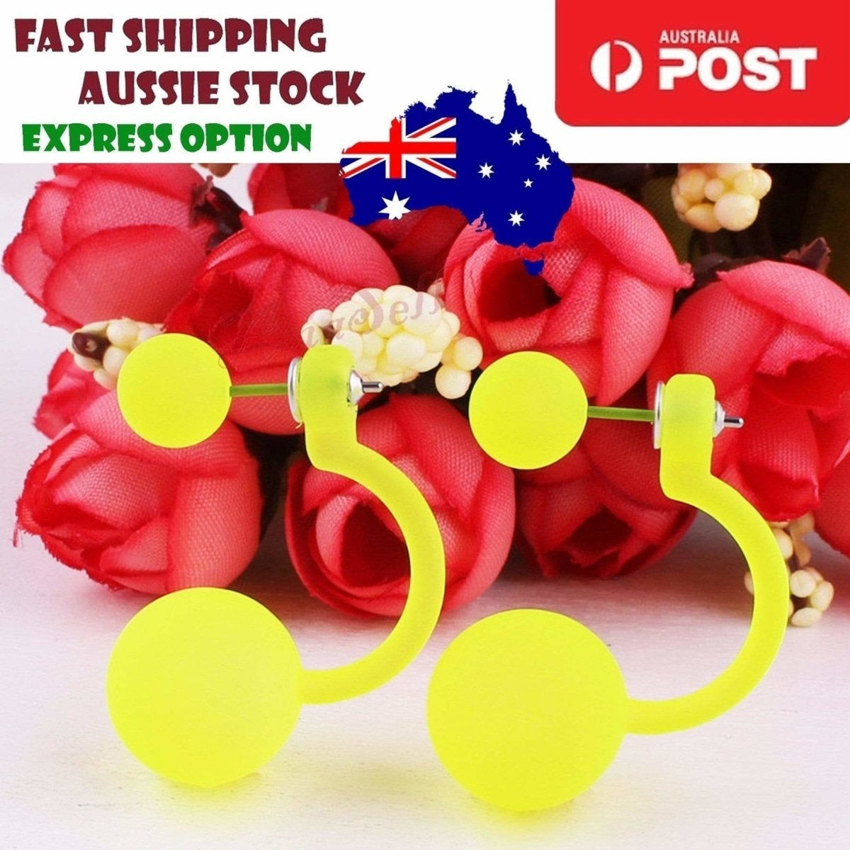 Fluorescent Colourful Bright Double Ball Earrings Double Sided Pearl Stud Bar | Asia Sell  -  Yellow