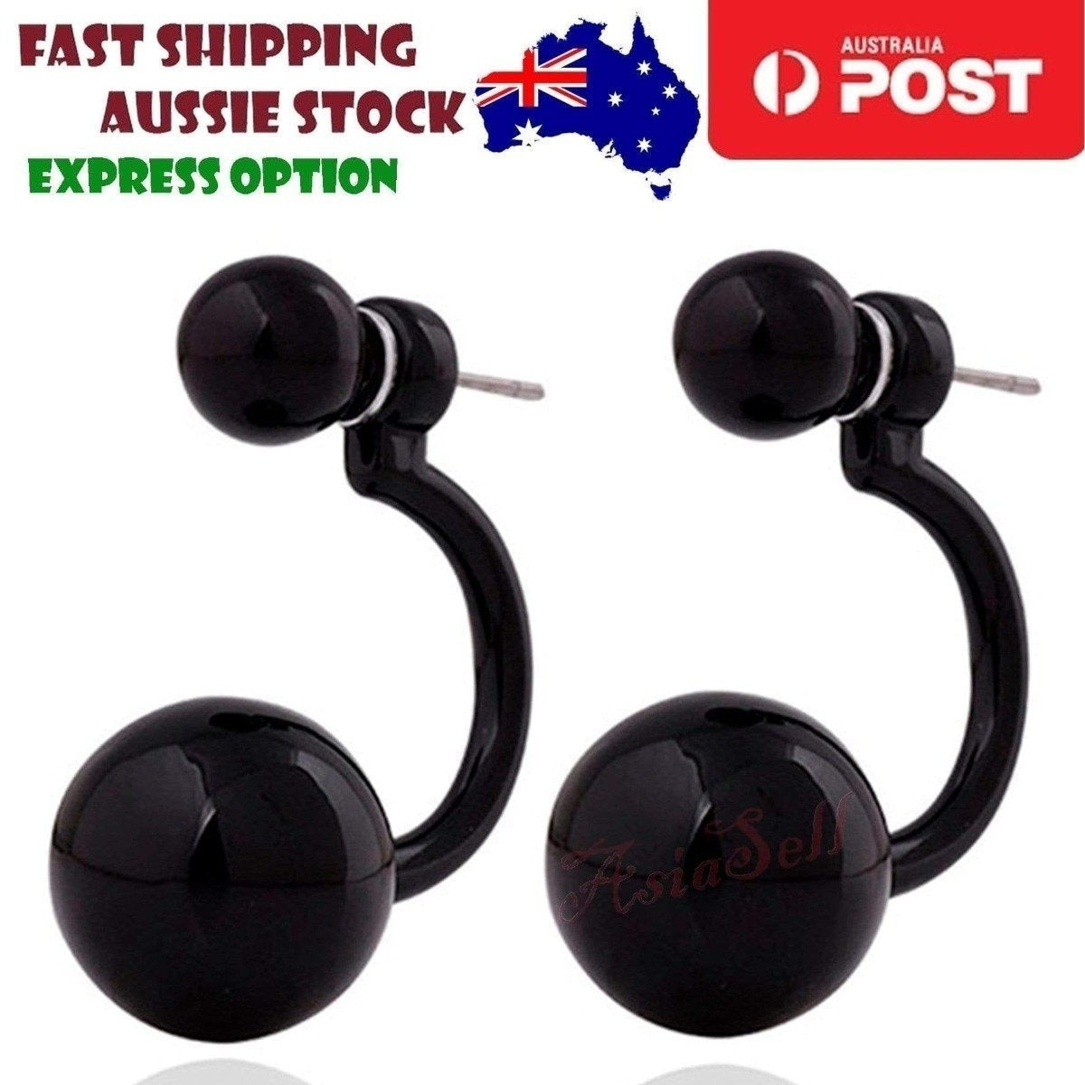 Gorgeous Round Double Earrings Womens Lovely Charm Ball Stud Earring Beautiful | Asia Sell  -  Black