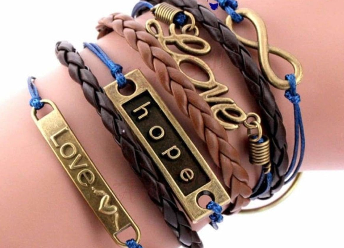 Love Hope Infinity Multilayer Knit Leather Rope Chain Charm Bracelet DIY | Asia Sell