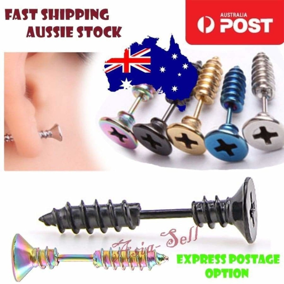 Punk Stainless Steel Stud SCREW Earrings BLUE GOLD SILVER BLACK COLOUR-CHANGING | Asia Sell  -  Black